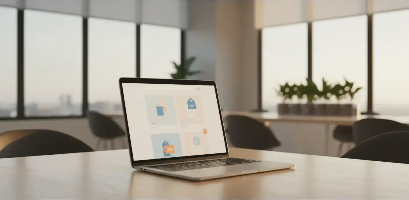 Nowoczesne biuro e-commerce: laptop na drewnianym biurku, ekran z minimalistycznym sklepem online i symbolami zniżek.