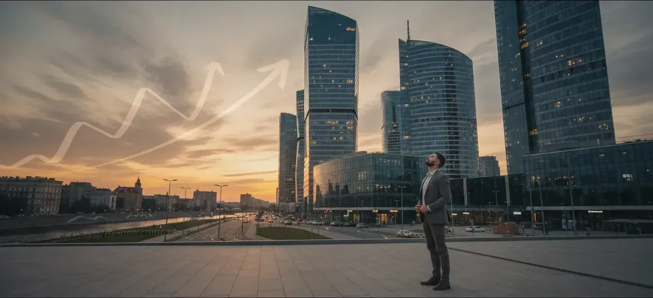 O zmierzchu samotny przedsiębiorca patrzy na szklane wieżowce banków, a chmury formują wykresy giełdowe.